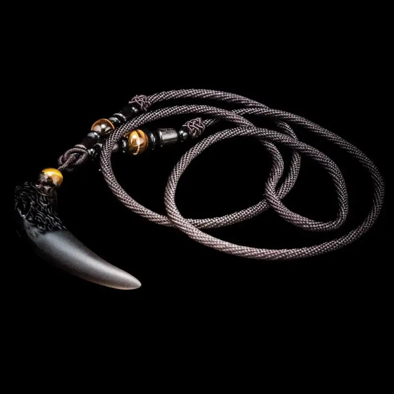 Stone and Obsidian Wolf Tooth Necklace - Black Bead Chain
